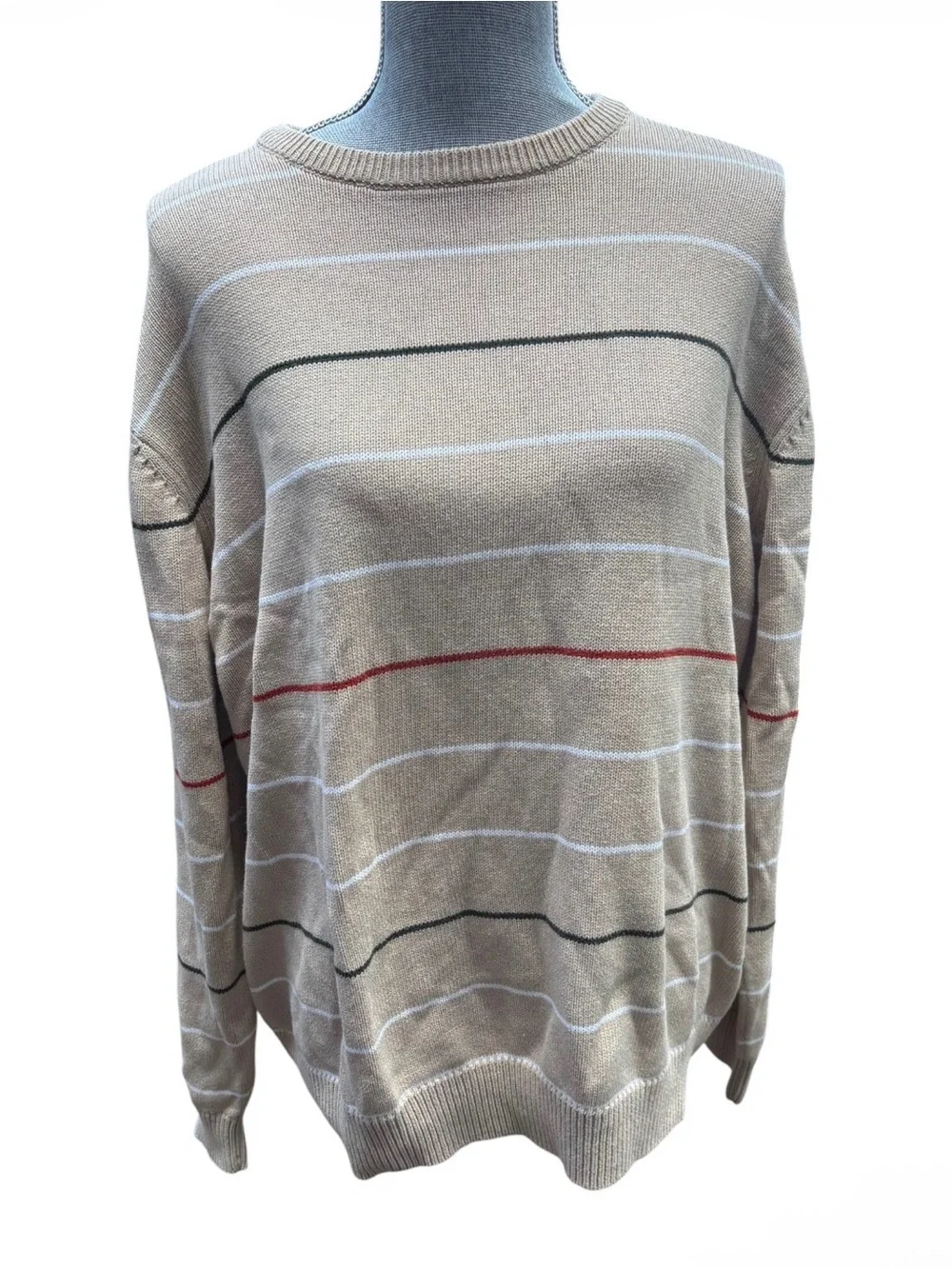 Haggar Men Striped Crewneck Sweater XL Tan Beige Multi Stripe Pullover Preppy
